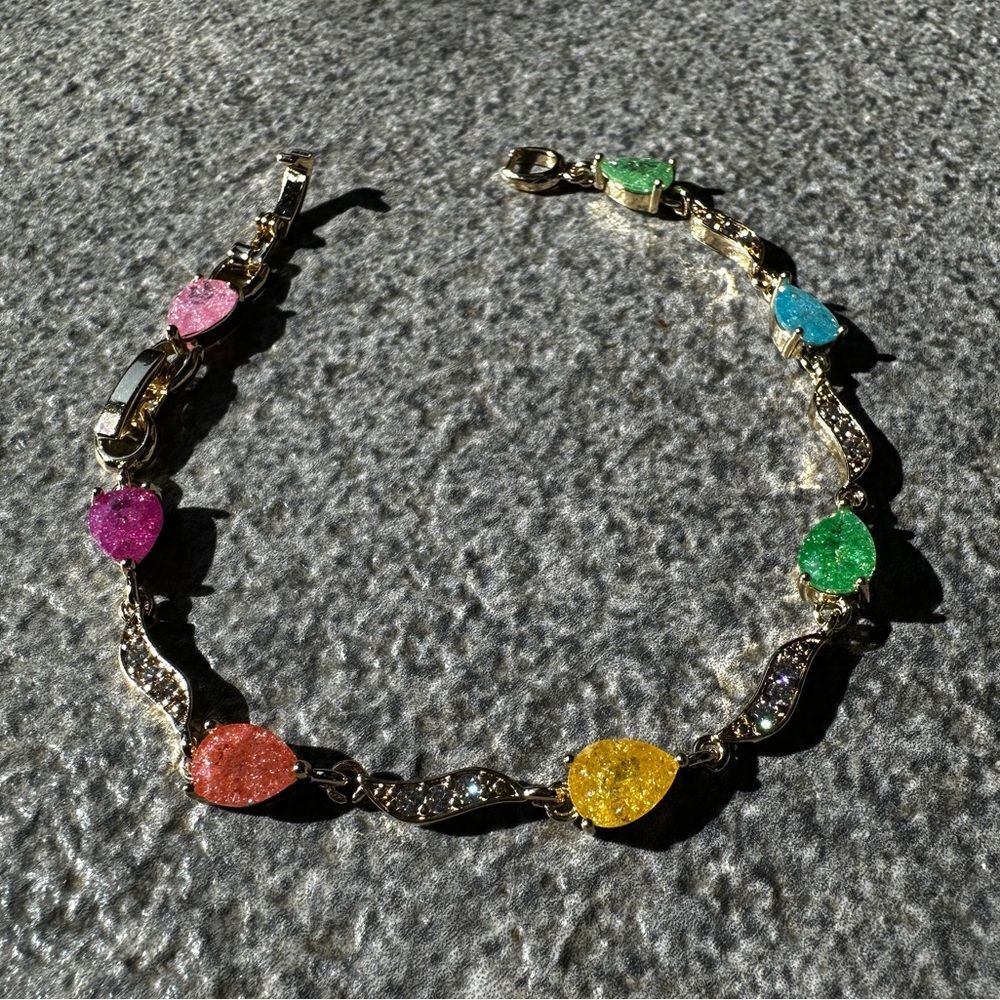 NEW Yellow Gold Pear Shaped Multicolor Galaxy Candy Stones 6.5” or 7.5” Bracelet - Picture 5 of 16